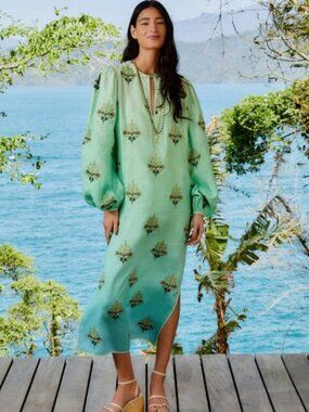 Farm Rio Embroidered Linen Tunic Dress Turquoise Palm Tree Tapestry NWT Small